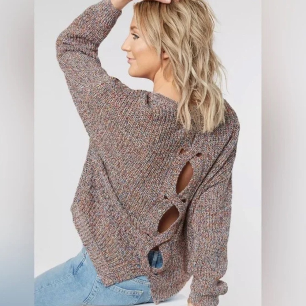 Express Multicolor Cable Knit Cutout Sweater - image 2